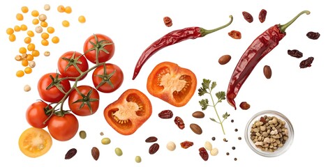 Vibrant display of fresh ingredients featuring tomatoes, peppers, and spices ready for culinary creativity in a bright kitchen setting Generative AI