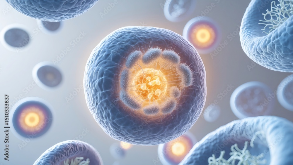 Poster Close-up of vibrant biological cell structures, showcasing a sense of complexity and innovation
