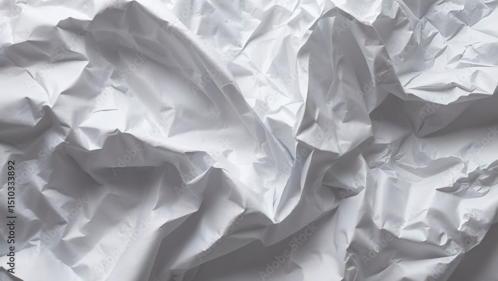 Poster close-up shot of crumpled paper, showcasing texture, wrinkles, and folds, creating an abstract patte