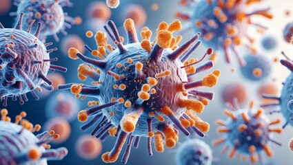 Microscopic view of numerous virus particles floating in the microscopic environment, with spikes