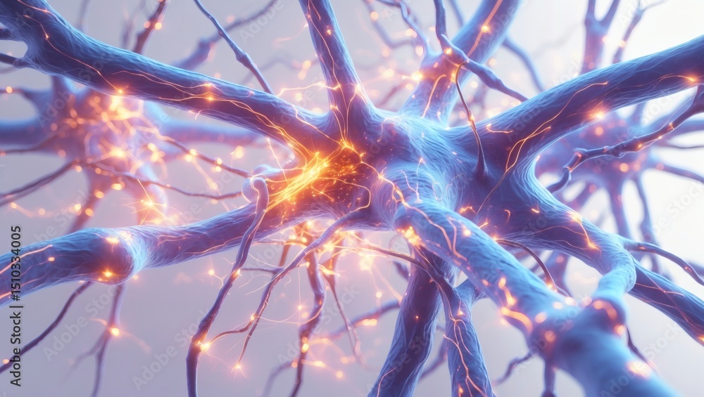Poster neural network with glowing connections. This complex system represents the flow of information, creating an intriguing visual concept