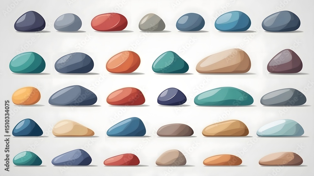 Aufkleber a collection of stones of various sizes and colors, arranged in rows
