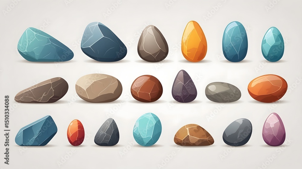 Poster an array of various colorful stones, each uniquely shaped and textured, showcasing the beauty of nat
