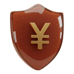 Financial Protection, Gold Yuan Yen Symbol on Glossy Brown Security Shield 3D Render