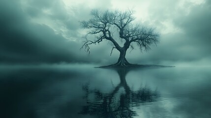 Haunting Landscape of a Dead Tree Reflection on Shallow Island Flats with Dark Skies and Atmospheric Decay
