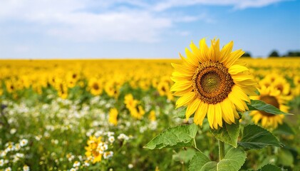 A vibrant field of sunflowers stretches towards the horizon, their golden petals glowing under the bright blue sky, swaying gently in the warm breeze.