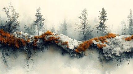 Modern Abstract Artwork Depicting a Serene Northern Panorama with Lichen, Moss, and Timeworn Snags on a Warm Beige Field