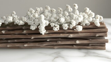 High-Resolution Close-Up of Palosantho Sticks and Gypsophila Blooms on a White Marble Table with Fine Texture Details