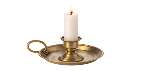Elegant brass candle holder with lit white candle creating a warm ambiance in a cozy setting during a quiet evening Generative AI