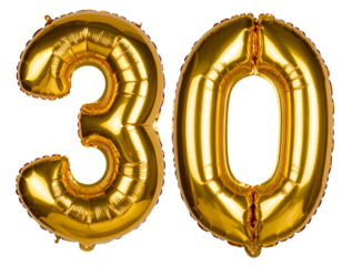 Floating Golden Foil Balloons in Number 30 Shape with Glossy Shine, isolated on a transparent background