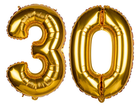 Floating Golden Foil Balloons in Number 30 Shape with Glossy Shine, isolated on a transparent background