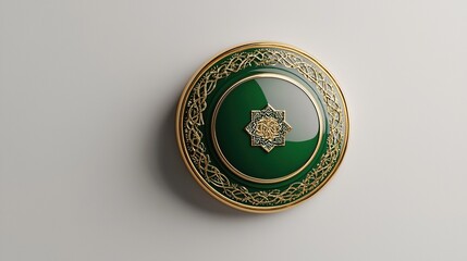 Ornate, round, green shield with gold detailing.  A star-like design is centered on a glossy green surface, framed by intricate gold patterns