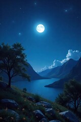 A serene night scene bathed in moonlight, stars twinkling above a tranquil landscape Perfect for themes of peace, reflection, and spiritual awakening , galaxy, landscape, zen