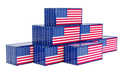 Cargo shipping container with united states of america flag, shipping and freight transportation of USA concept.