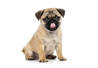 Adorable Pug Puppy Sitting and Licking Its Nose on a White Background in a Studio Setting
