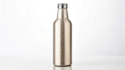 Shiny metal bottle on a reflective surface against a plain background.