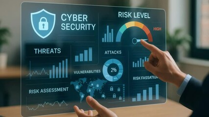 Person touching a digital screen displaying cyber security data and risk assessment graphs and charts 4k uhd video - Powered by Adobe