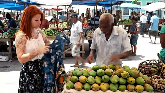 High-angle view of a bustling Cuban outdoor market. Diverse locals browse vibrant produce and crafts, capturing authentic life.