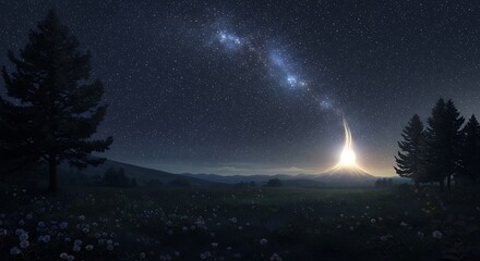 Naklejka premium Night sky with milky way over landscape with glowing light emanating from mountain, a spiritual and mysterious natural phenomenon