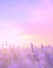Obraz premium A vibrant field of lavender flowers stretches towards the horizon, bathed in the warm, golden hues of a breathtaking sunset, creating a serene atmosphere.