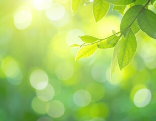 Vibrant green leaves gently sway on a slender branch, illuminated by warm sunlight filtering through, creating a serene and refreshing atmosphere.
