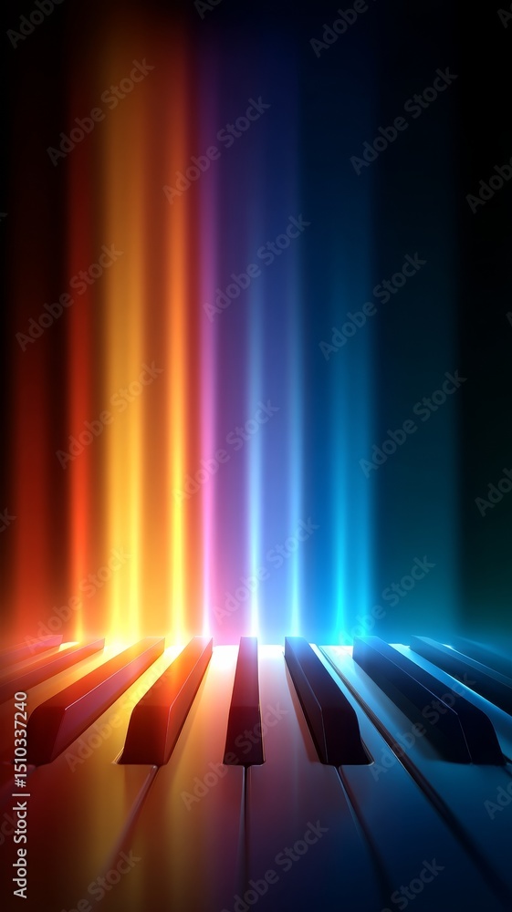 Aufkleber colorful spectrum visualizer illuminating piano keys with vibrant light beams in dark setting