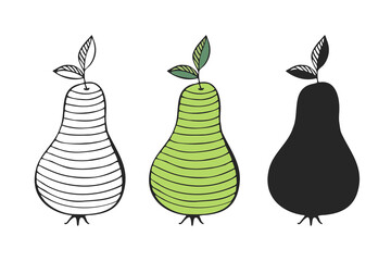 Pear icons set, outline and silhouette, stylized hand drawn fruits, logo element design. Isolated on white background.