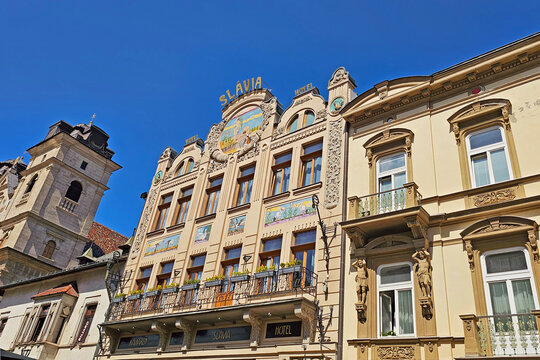 Kosice, Slovakia - May 26, 2025: Medieval building of the 15th century (Levocsky house) with the oldest restaurant and famous hotel &laquo;Slavia&raquo;