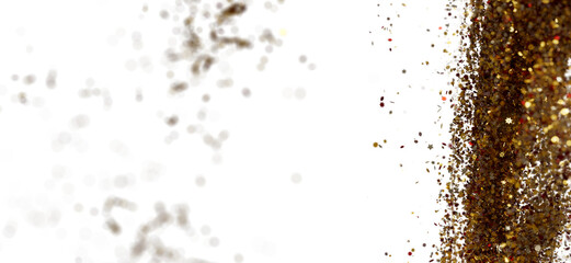 Sparkling gold and red confetti explosion on white background. Festive backdrop for celebrations.