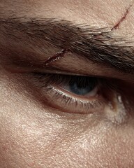 Close-up of natural male eyebrow with slight scar or gap, no makeup, soft skin.