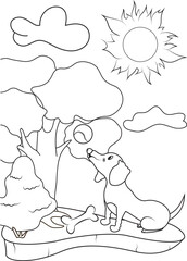 Cute cartoon dachshund dog scene in a simple black and white line style, perfect for coloring books, kids activities, printables, or educational materials.