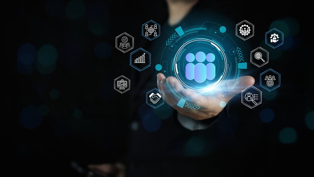 HR (Human Resources), businessman holding human resources interface icons, business and organizational development network, talent management solutions