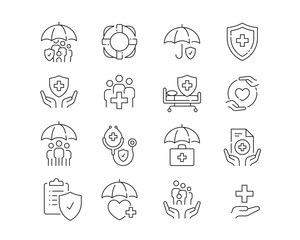 Health Insurance Icon collection containing 16 editable stroke icons. Perfect for logos, stats and infographics. Edit the thickness of the line in Adobe Illustrator (or any vector capable app).