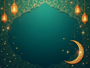 Bright Festive Eid Background with Crescent Moon, Stars, and Golden Islamic Patterns &ndash; Vector Illustration