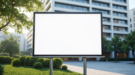 Fototapeta premium Large empty billboard mockup in a landscaped courtyard surrounded by modern apartment buildings and lush green trees on a sunny day.