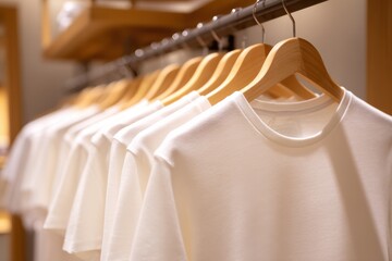 Obraz premium A Collection of Minimalist White T-Shirts Hanging on Wooden Hangers in a Brightly Lit Retail Store Display Designed for Fashion Enthusiasts