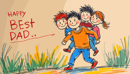 Three happy children playing and smiling in naive drawing style for Father's Day  