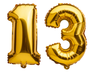 Floating Number 13 Golden Foil Balloons with Metallic Shine, isolated on a transparent background