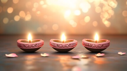 Three Ornate Diya Lamps with Candles Lit, Diwali Festival Decor