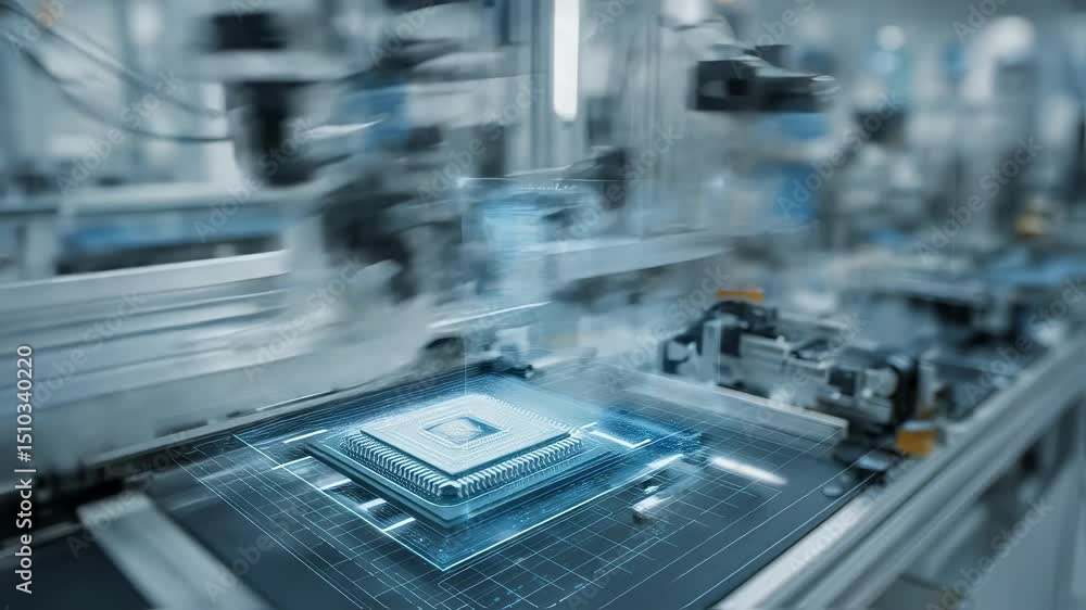 Poster automated machinery precisely handles a microchip, highlighted by holographic projections, on a circ