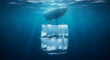 Ship sailing upside down beneath the ocean surface with sails illuminated by moonlight filtering through the water creating a surreal and mysterious underwater scene.