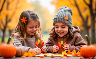 Two cheerful children playing with their crafts on Thanksgiving Day in an autumn park

