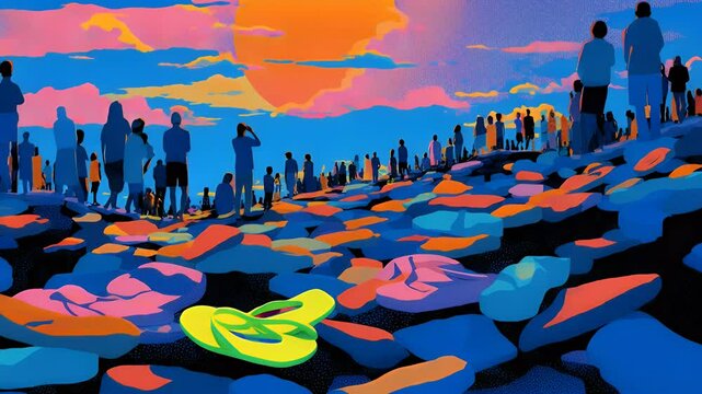 Colorful crowd watching sunset at rocky shore
