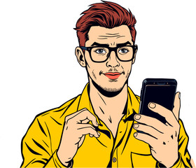 Vector illustration of a man with a phone checking news, social networks and discounts