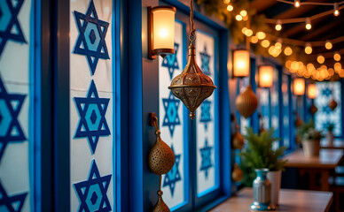 Decorative Hanukkah celebration with blue stars and lanterns in a festive setting
