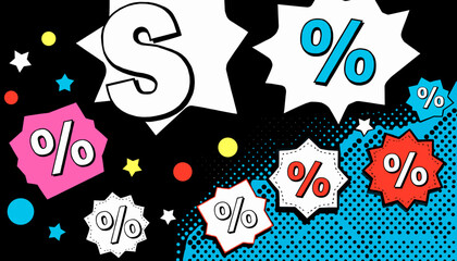 Colorful vector design with sale symbols and percentage signs in pop art style