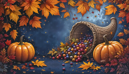 Autumn background with cornucopia spilling colorful berries and pumpkins 