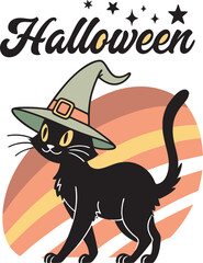 Vintage Halloween Cat With Witch Hat Illustration Retro Design for Spooky Season Vibes