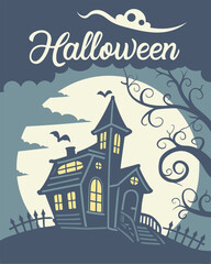 Spooky Halloween Night Scene with Haunted House Design for t shirt Print