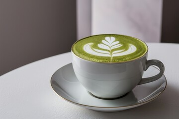 Matcha latte art in white ceramic cup on saucer, placed on a white table.